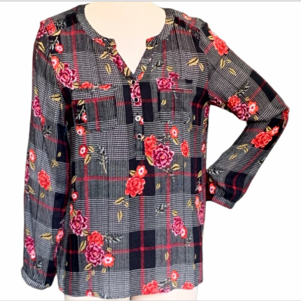 Christopher & Banks Plaid & Roses Henley Style Tunic Top M #97J